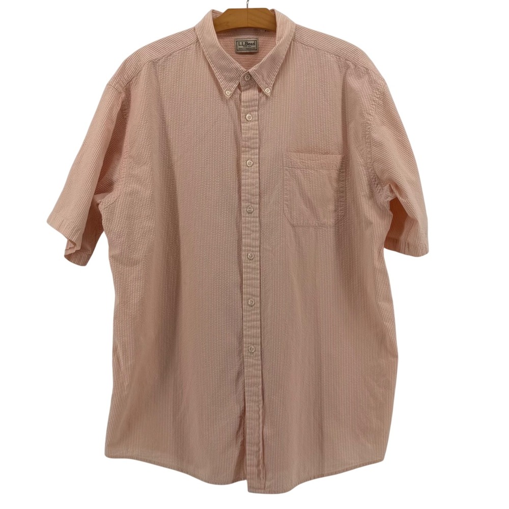 LL Bean Seersucker Cotton Shirt Mens XL Short Sleeve Peach White Stripe
